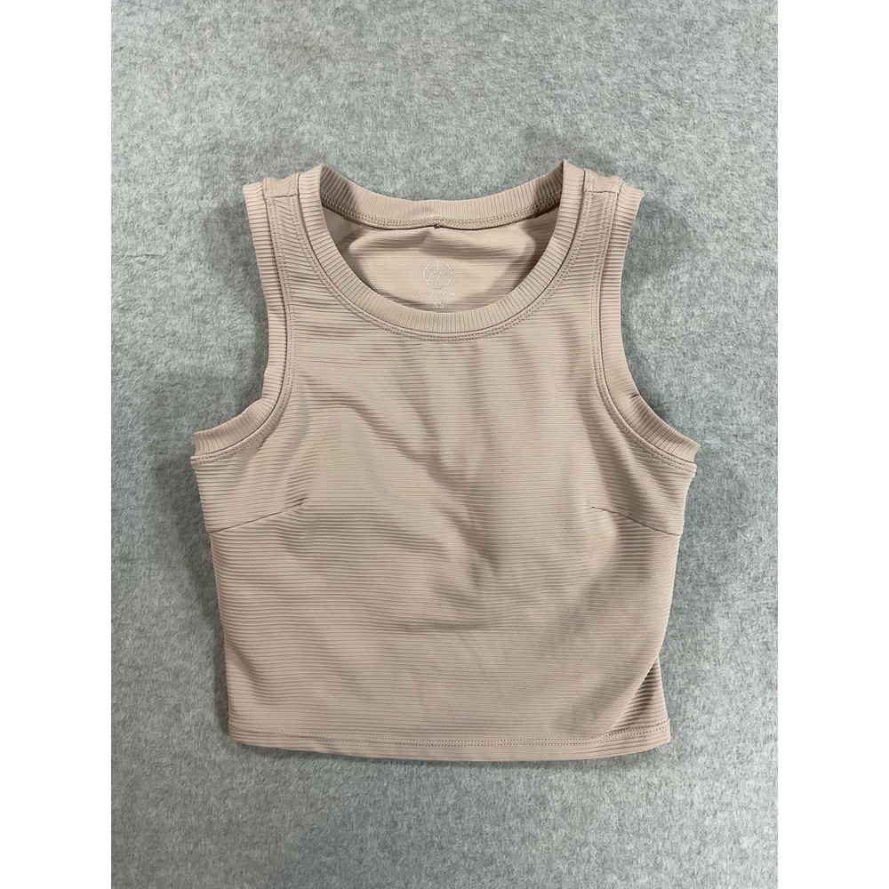 Move Theology Women Ribbed High Neck Active Tank Top Beige XS Cutout Back 2197